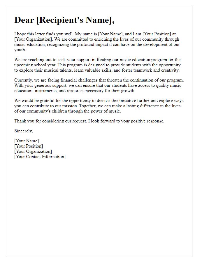 Letter template of outreach for community support in music education funding.