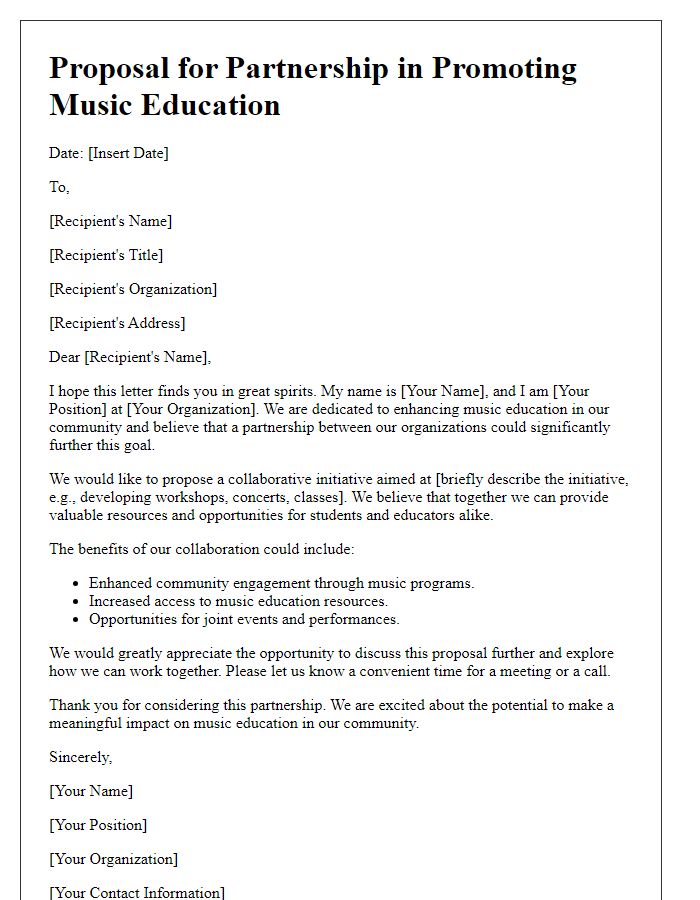 Letter template of proposal for partnership in promoting music education.