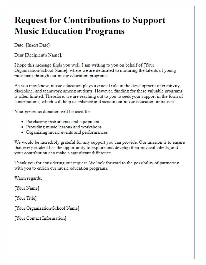 Letter template of request for contributions to support music education programs.