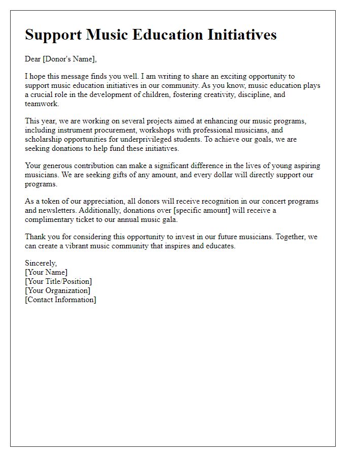 Letter template of solicitation for donations towards music education initiatives.