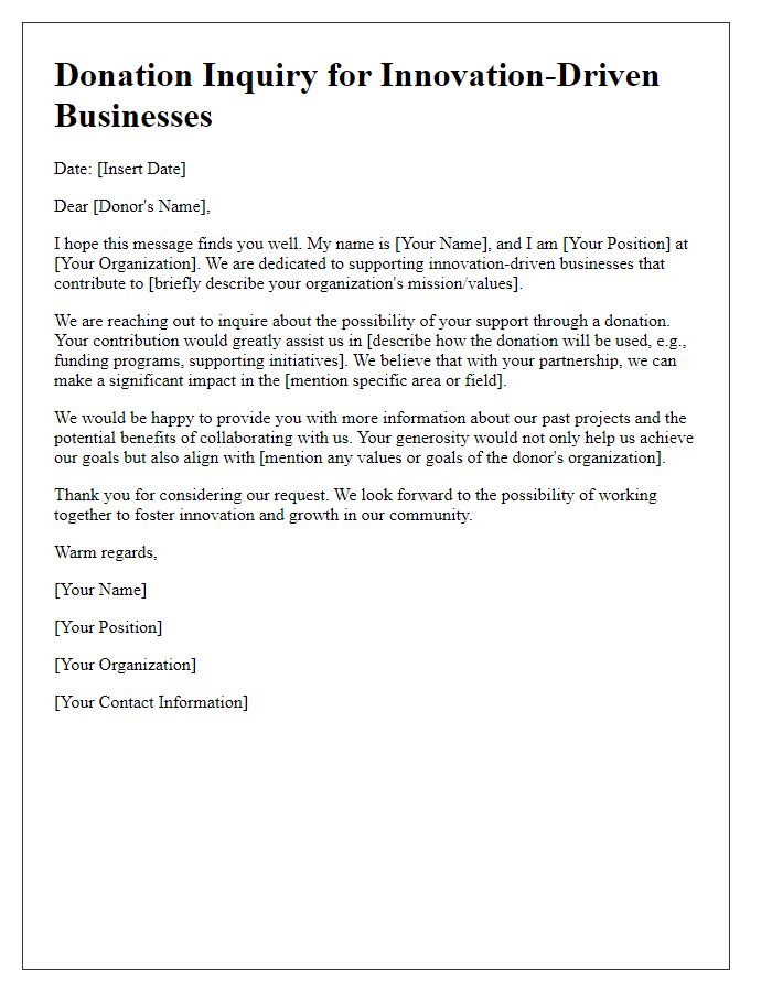 Letter template of donation inquiry for innovation-driven businesses