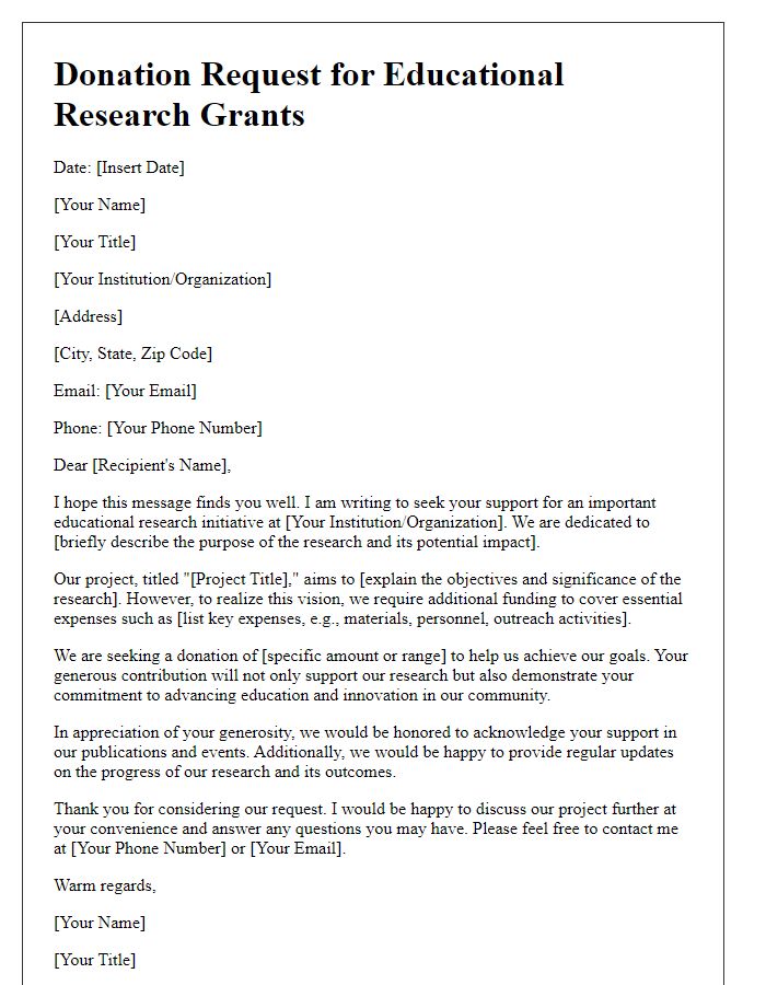 Letter template of donation request for educational research grants