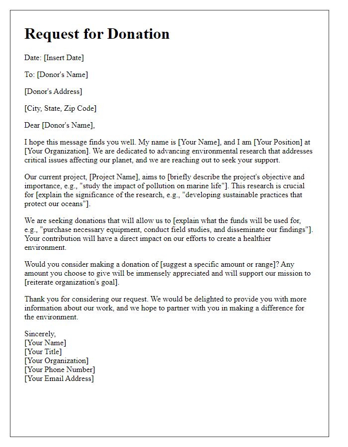 Letter template of donation request for environmental research projects