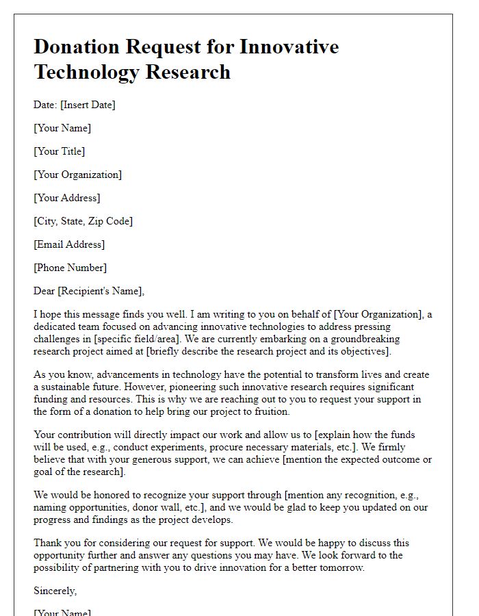 Letter template of donation request for innovative technology research