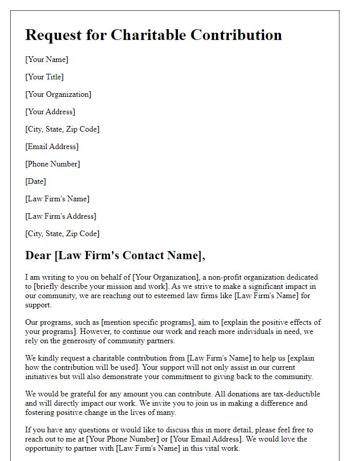 Letter template of a charitable contribution request aimed at law firms for community support.