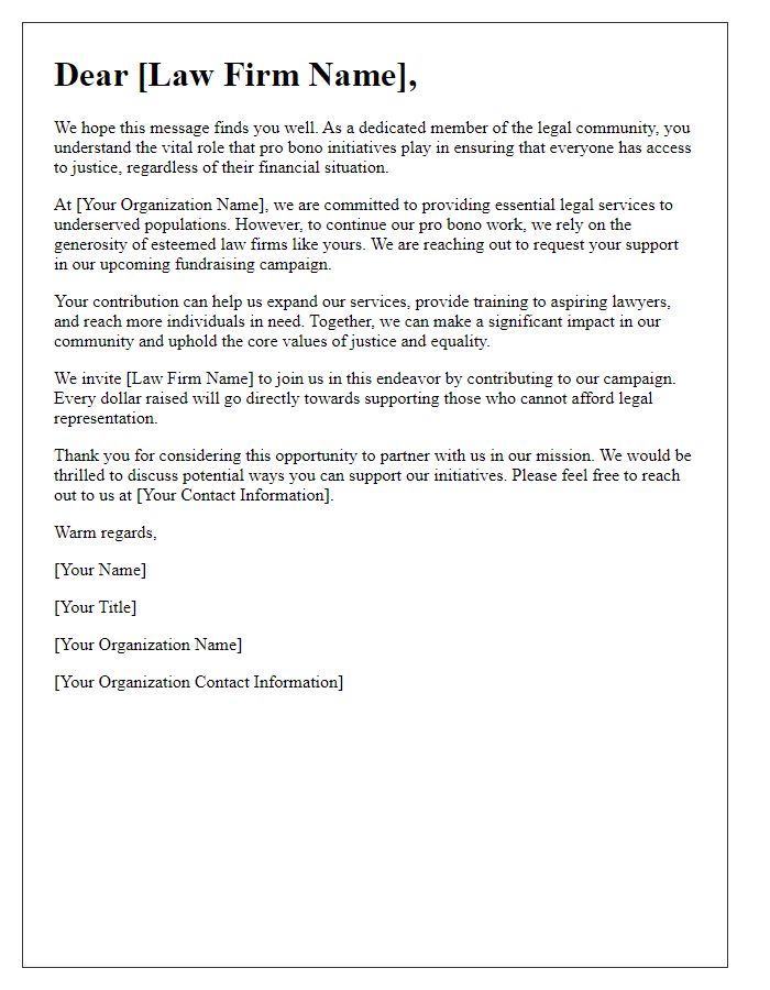 Letter template of a fundraising appeal for pro bono initiatives addressed to law firms.