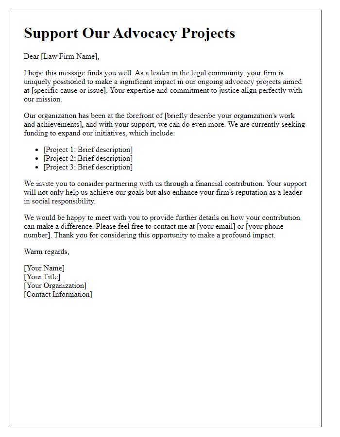 Letter template of a fundraising letter targeting law firms for advocacy projects.