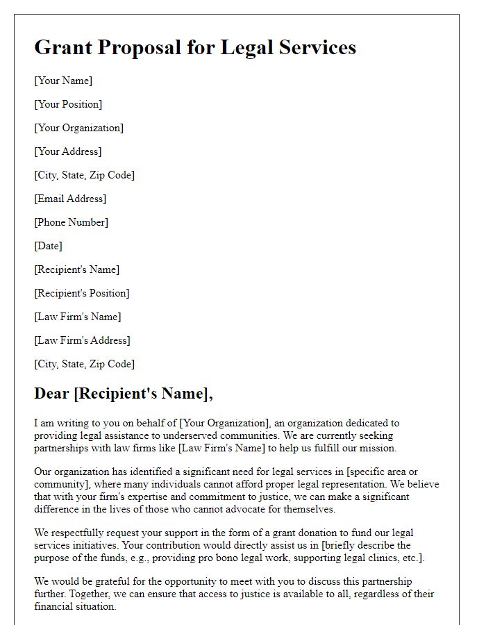 Letter template of a grant proposal seeking donations from law firms for legal services.