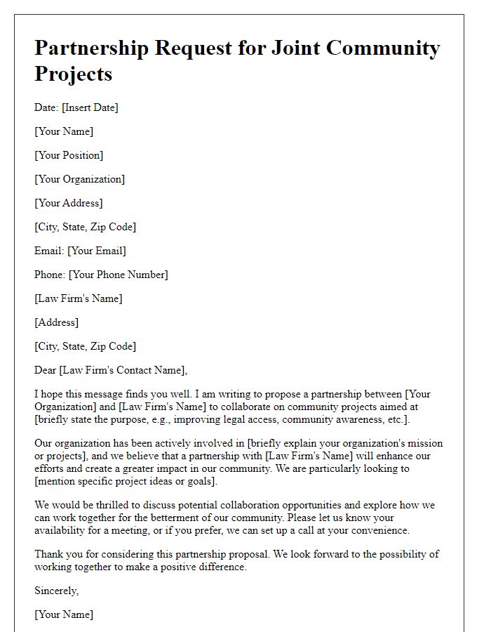 Letter template of a partnership request for joint community projects with law firms.