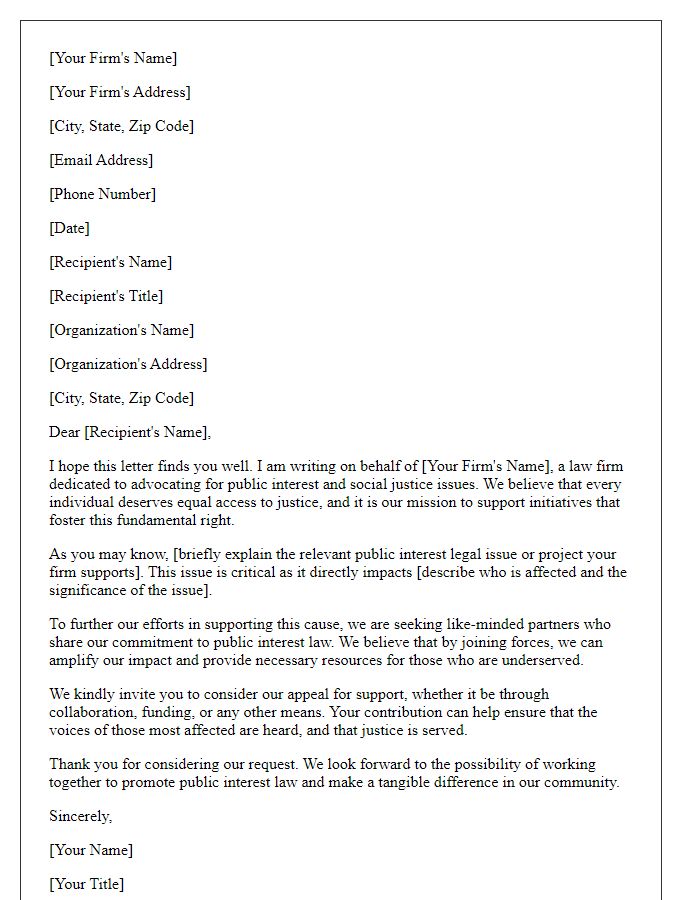 Letter template of a support appeal for public interest law from law firms.