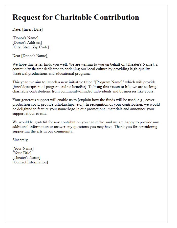 Letter template of charitable contribution request for community theater programs