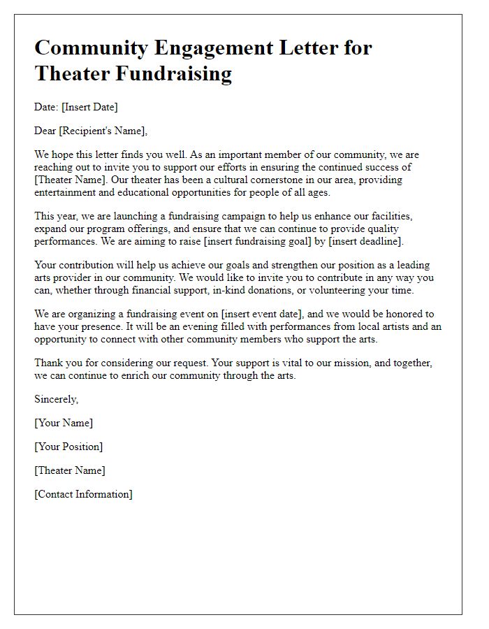 Letter template of community engagement letter for theater fundraising efforts