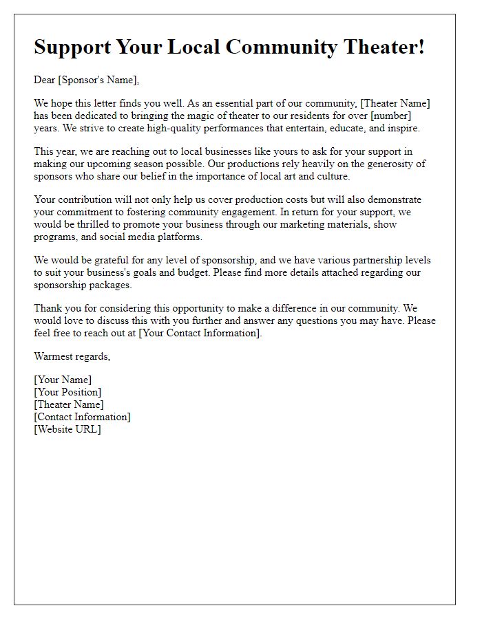 Letter template of community theater donation appeal for local sponsors