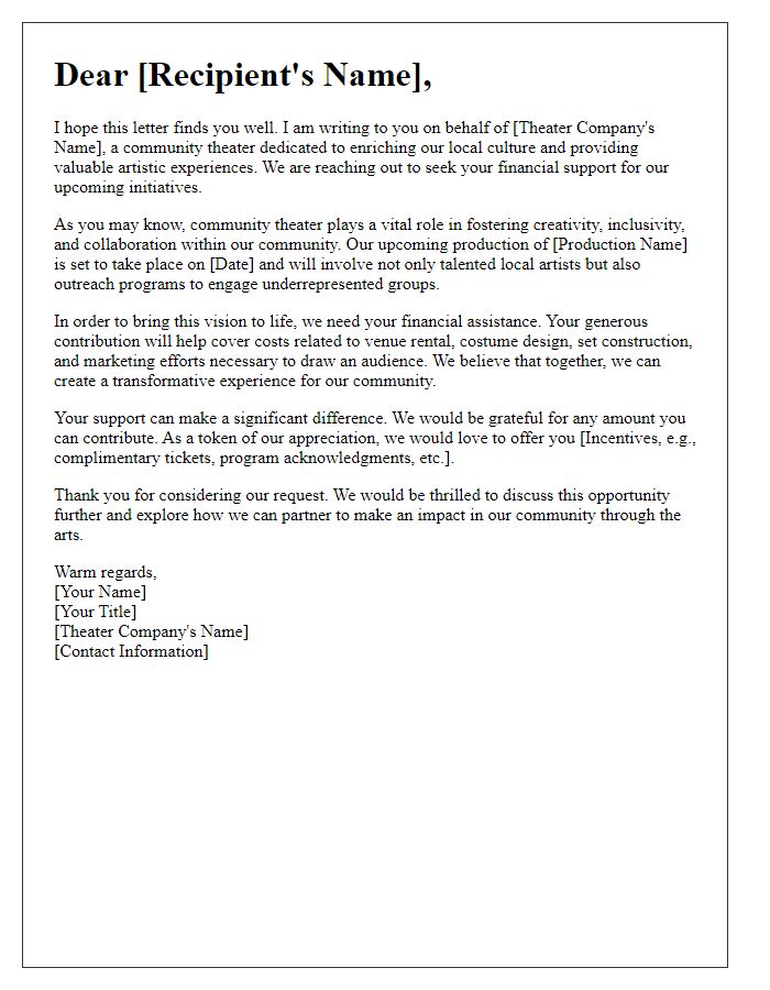 Letter template of financial support appeal for community theater initiatives