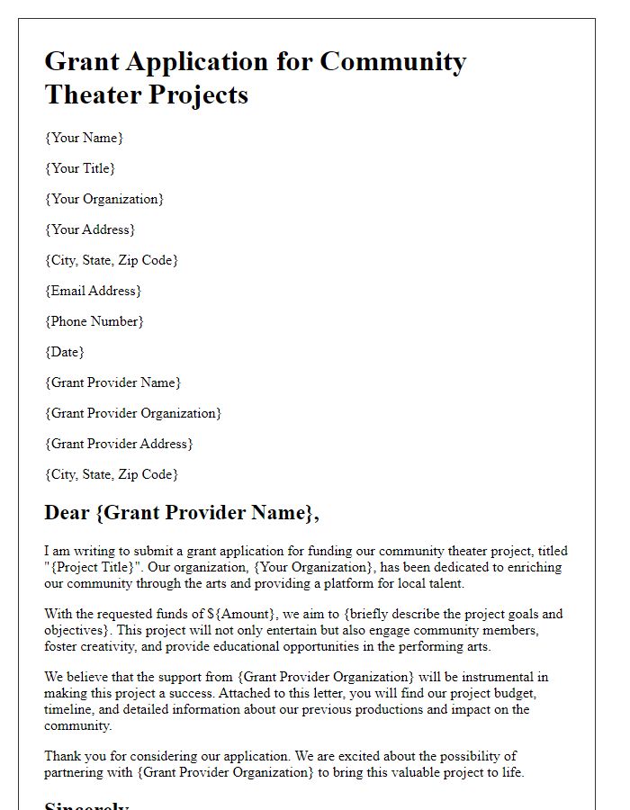 Letter template of grant application for funding community theater projects