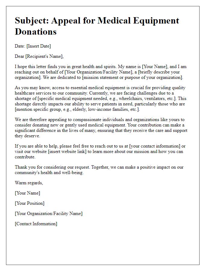 Letter template of appeal for medical equipment donations