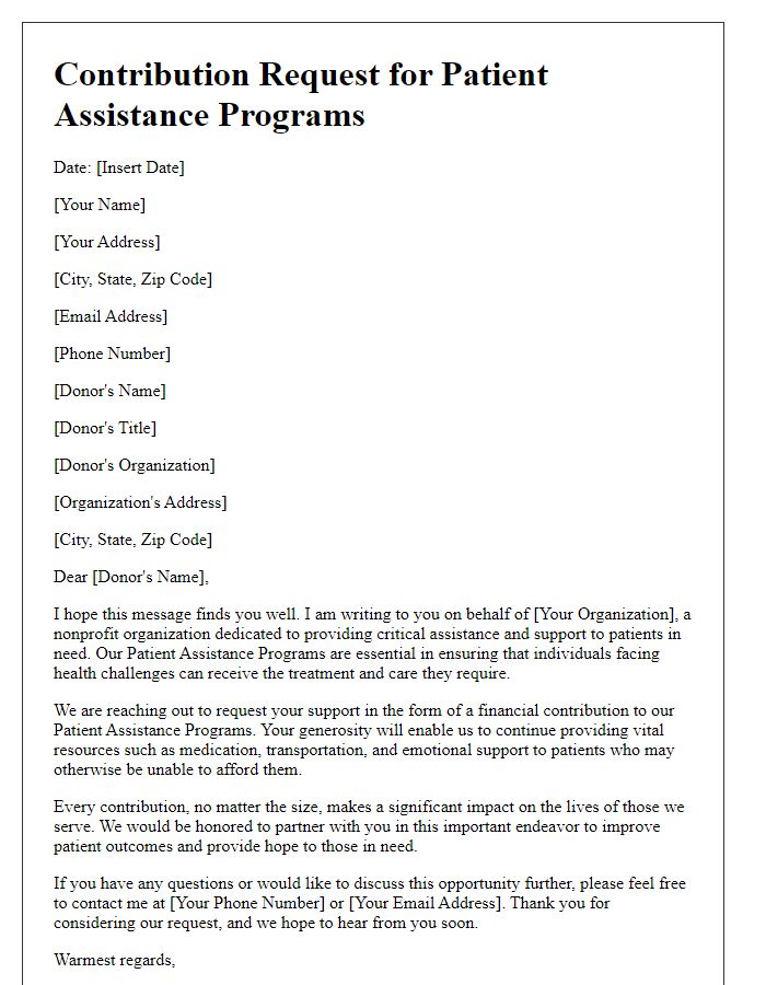 Letter template of contribution request for patient assistance programs