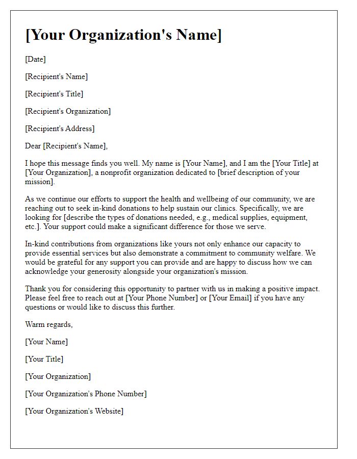 Letter template of outreach for in-kind donations to clinics