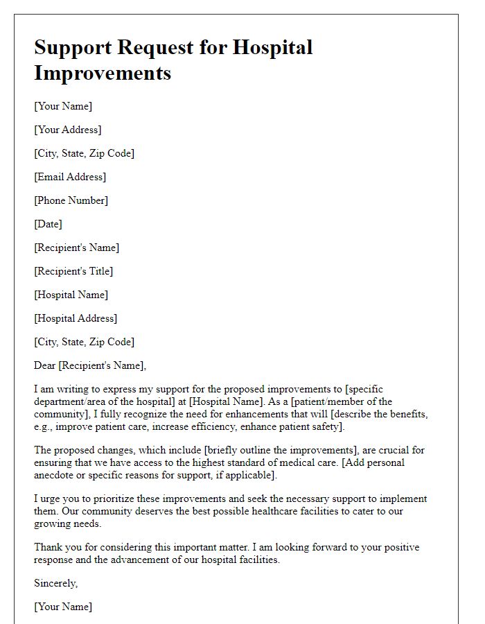 Letter template of support request for hospital improvements