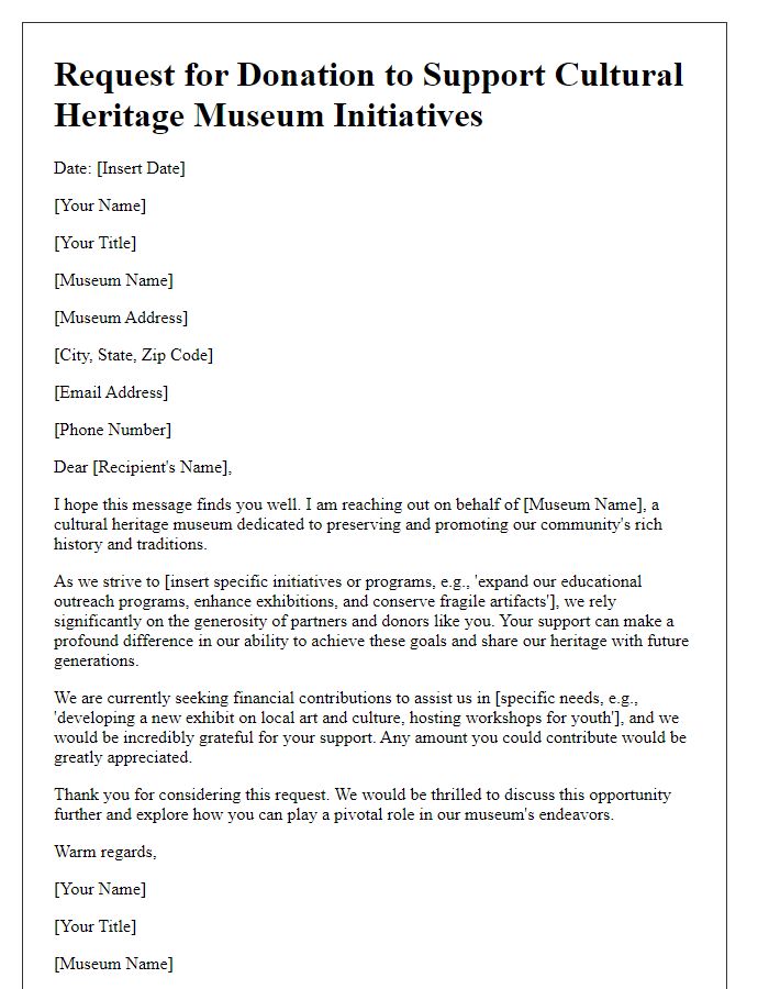 Letter template of donation request for cultural heritage museum initiatives