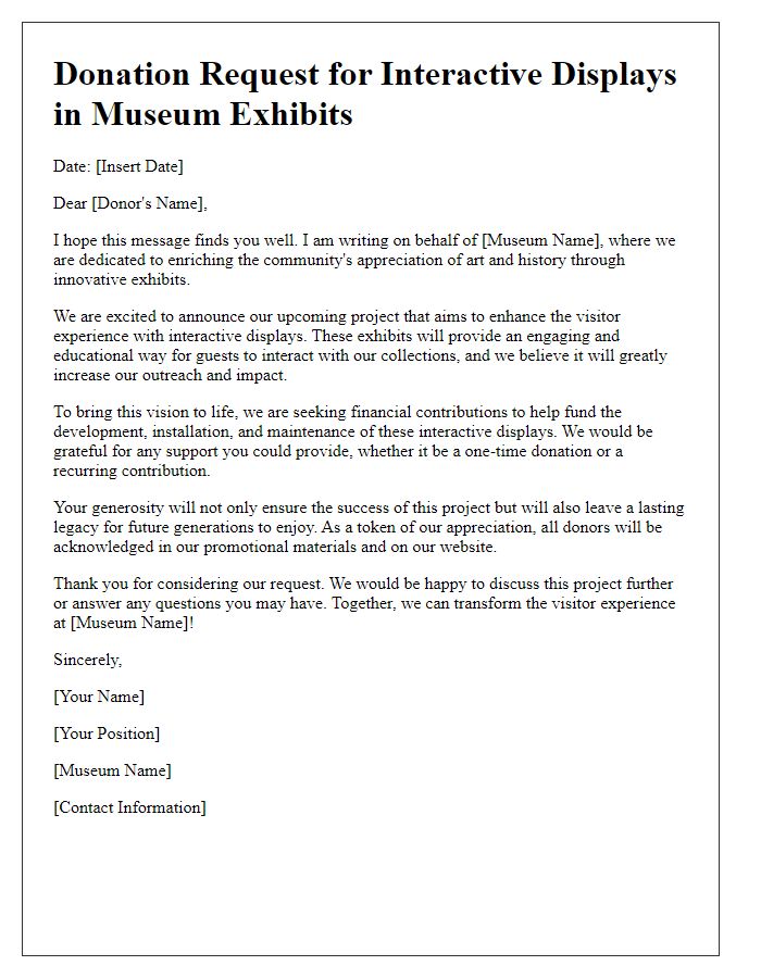 Letter template of donation request for interactive displays in museum exhibits