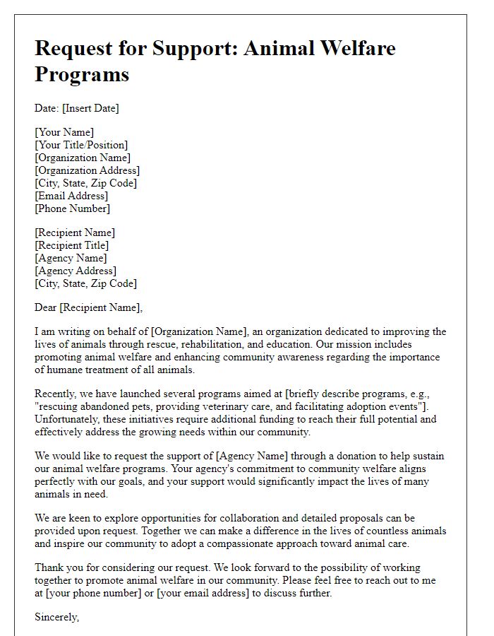 Letter template of a cause-driven donation request to government agencies for animal welfare programs.