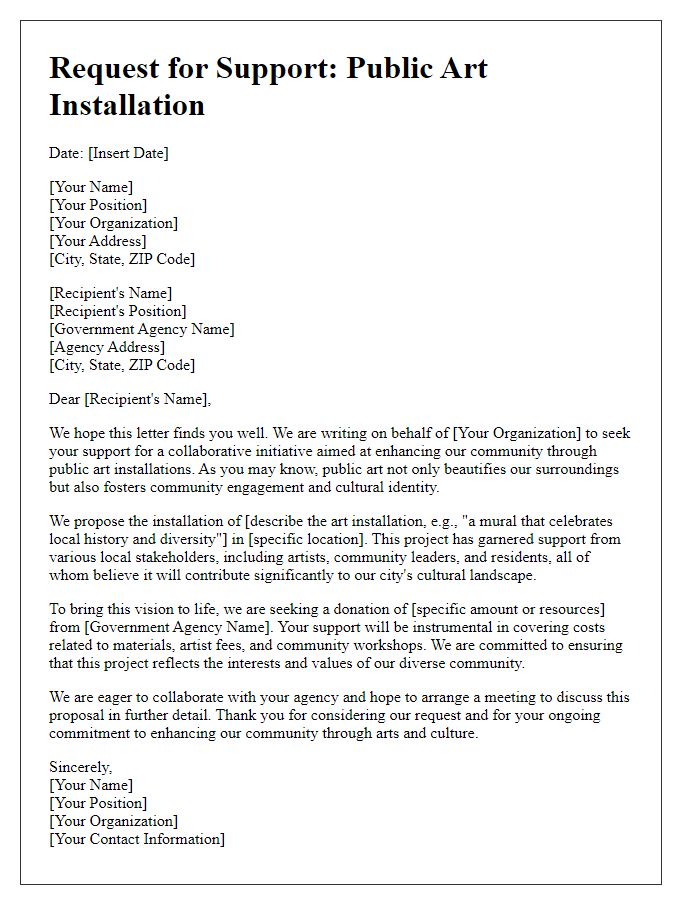 Letter template of a collaborative donation request to government agencies for public art installations.