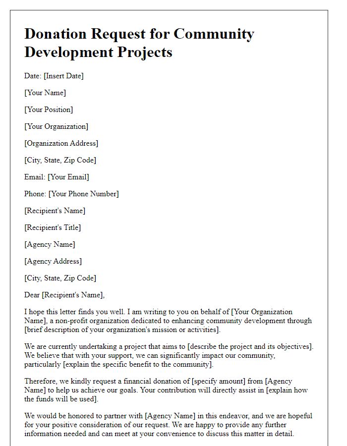 Letter template of a formal donation request to government agencies for community development projects.