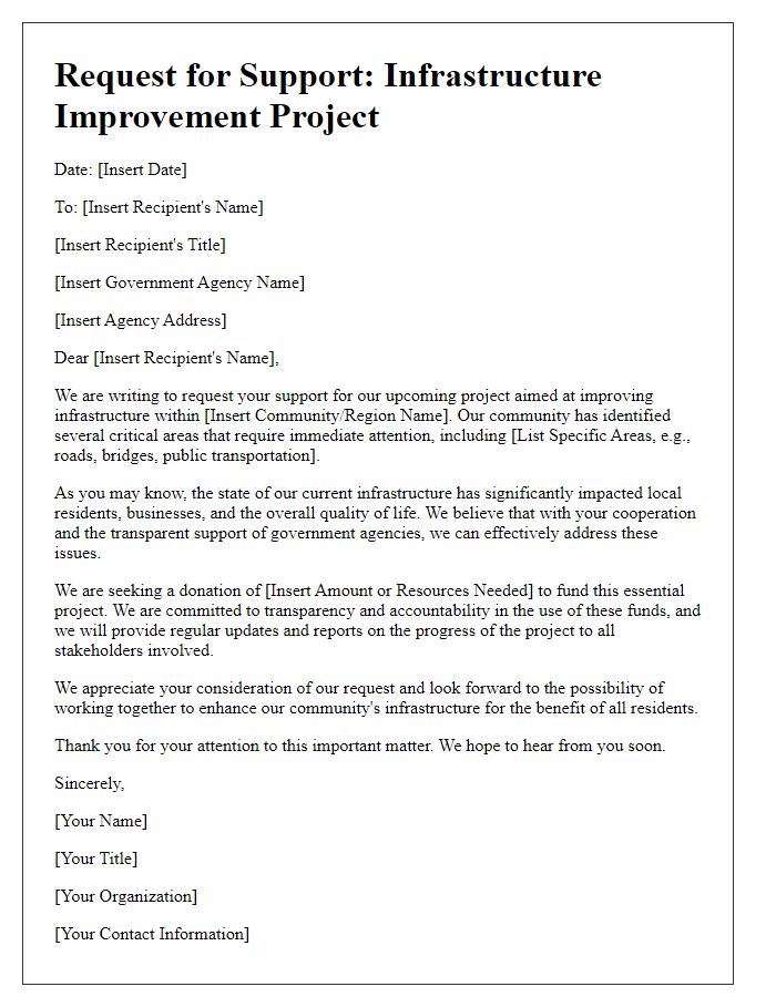 Letter template of a transparent donation request to government agencies for infrastructure improvement.