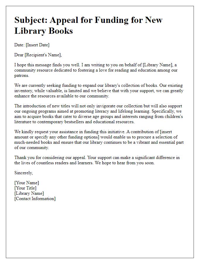 Letter template of appeal for funding for new library books.