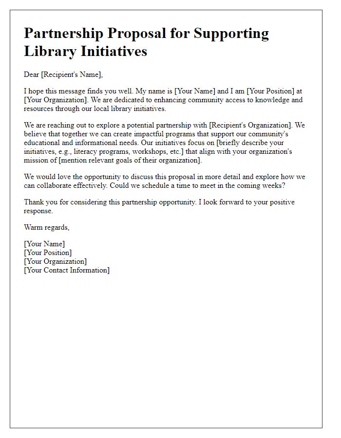 Letter template of approach for partnership in supporting library initiatives.