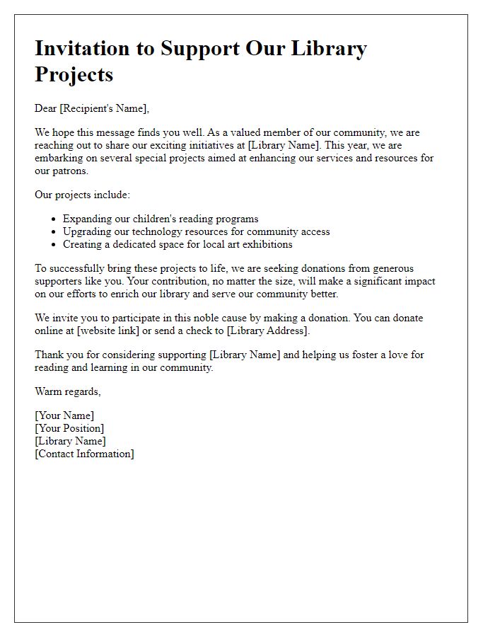 Letter template of invitation to donate for special library projects.