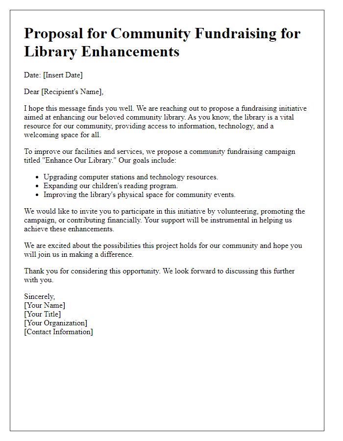 Letter template of proposition for community fundraising for library enhancements.