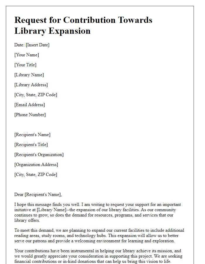 Letter template of request for contribution towards library expansion.