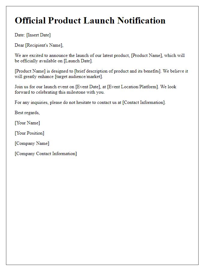 Letter template of official product launch notification