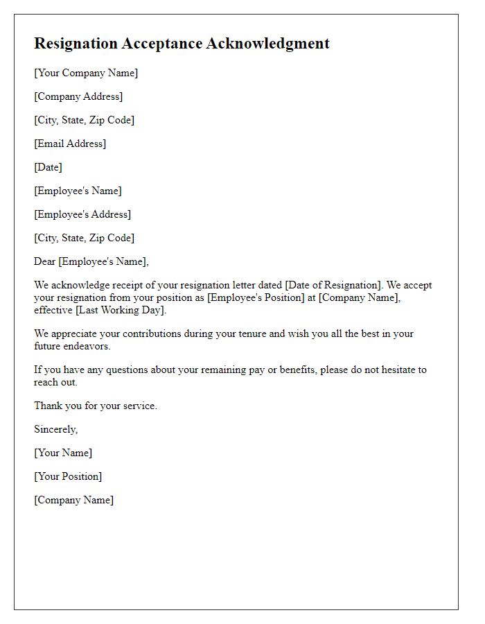 Letter template of employee resignation acceptance acknowledgment