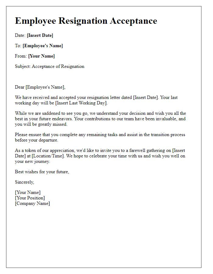 Letter template of employee resignation acceptance and farewell