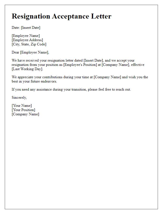 Letter template of employee resignation acceptance approval