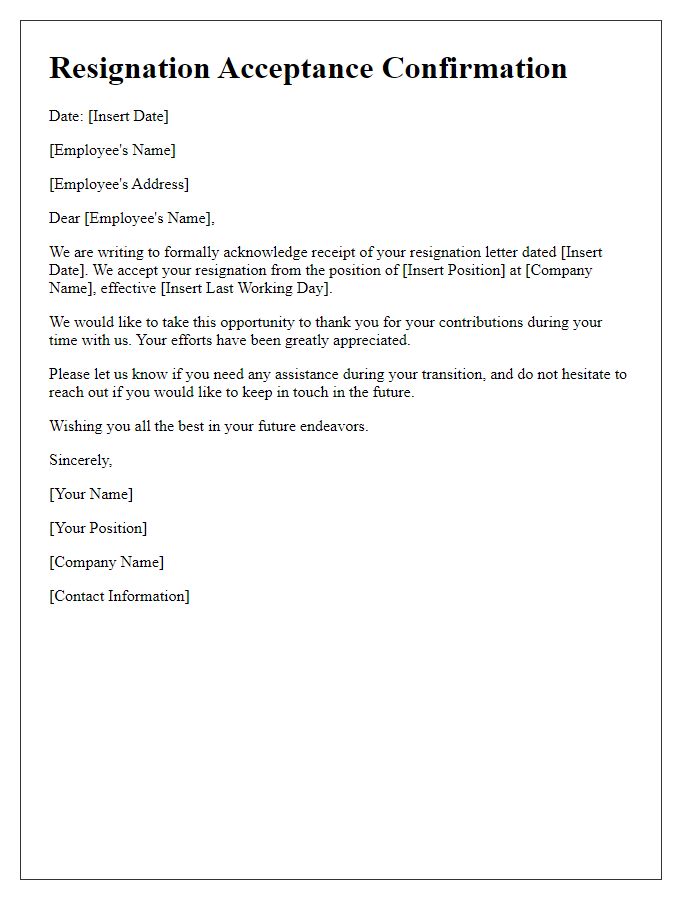 Letter template of employee resignation acceptance confirmation