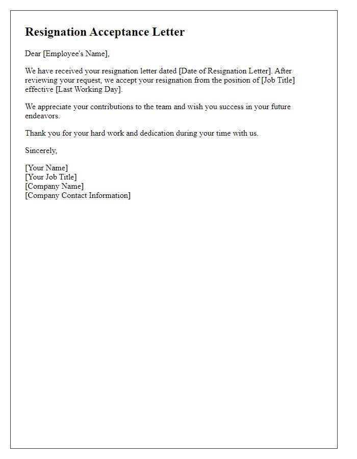 Letter template of employee resignation acceptance message