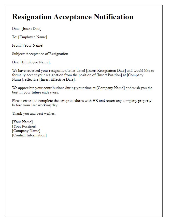 Letter template of employee resignation acceptance notification