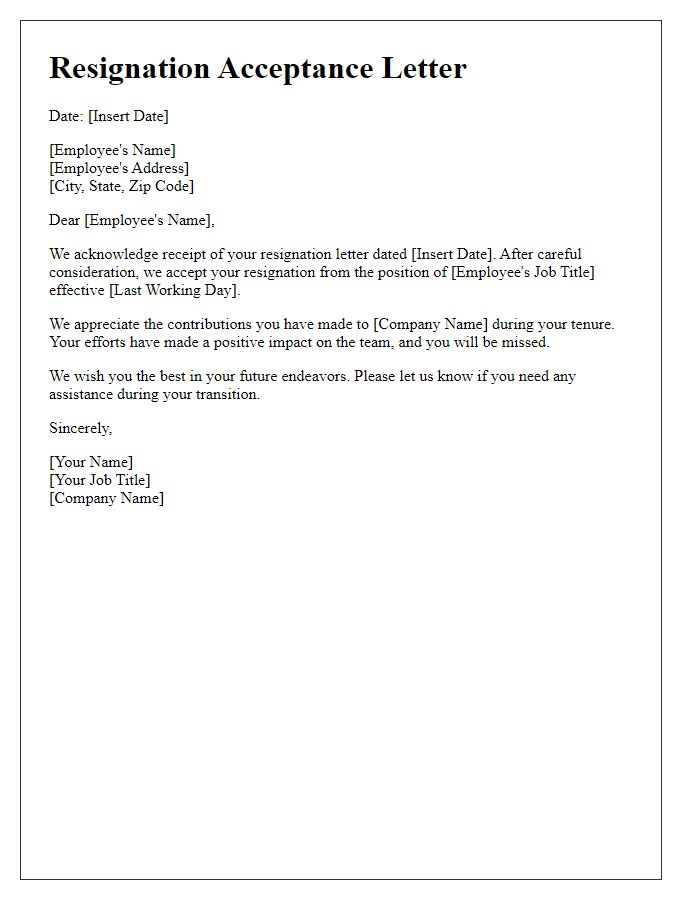 Letter template of employee resignation acceptance response