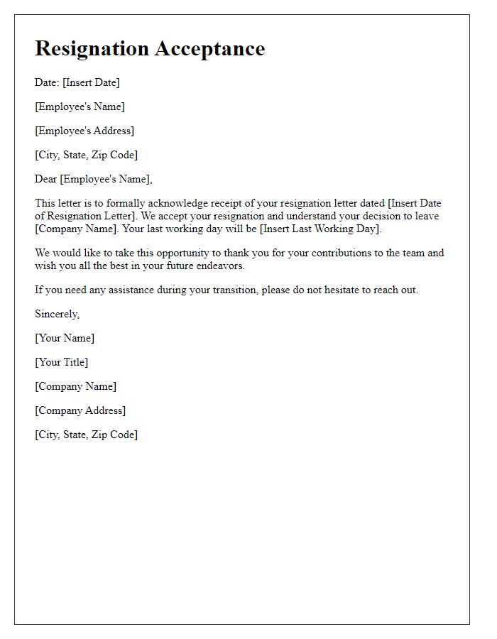 Letter template of employee resignation acceptance statement