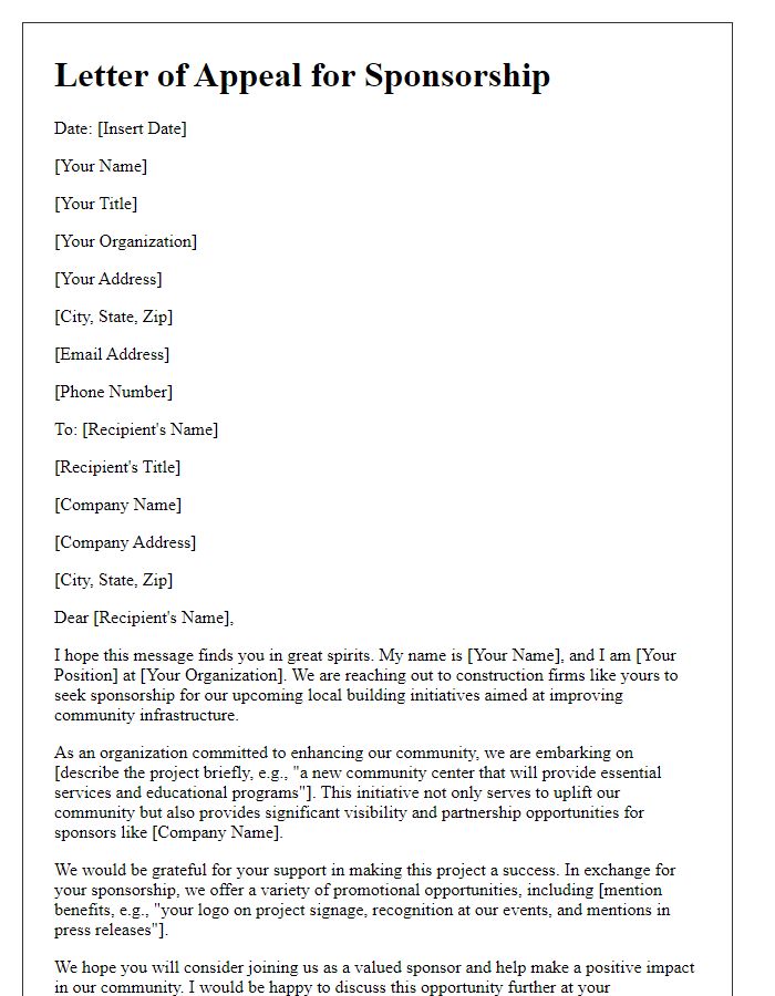 Letter template of appeal for sponsorship from construction firms for local building initiatives.