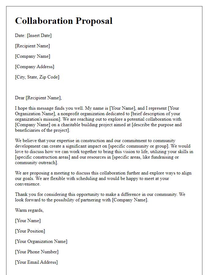 Letter template of collaboration proposal to construction firms for charitable building projects.