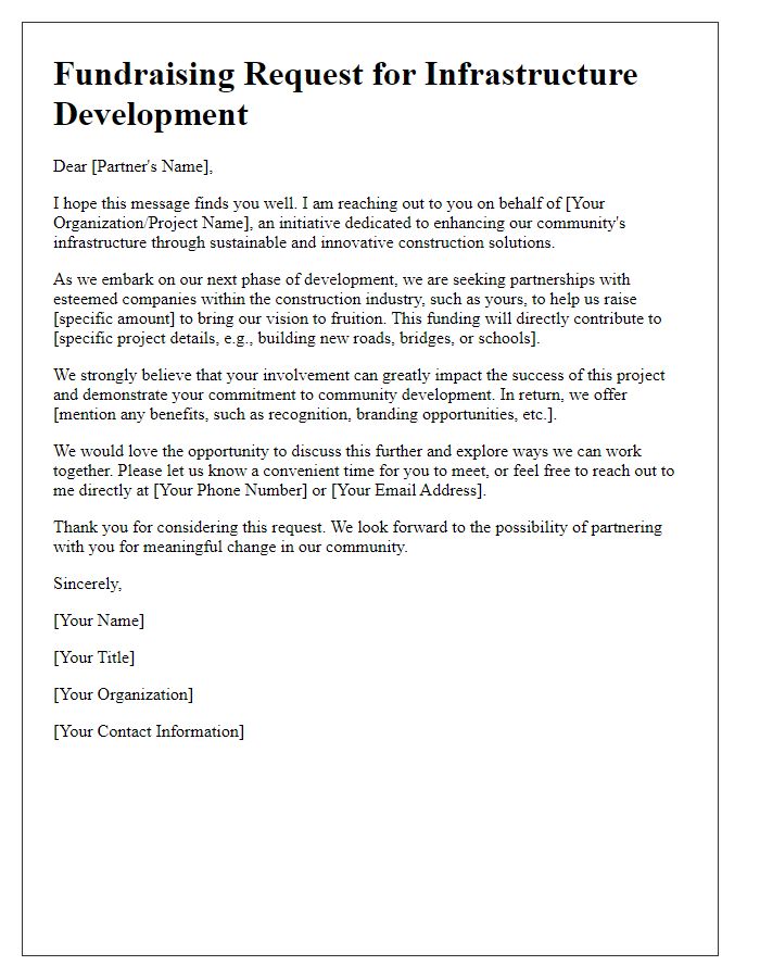 Letter template of fundraising request directed at construction industry partners for infrastructure development.