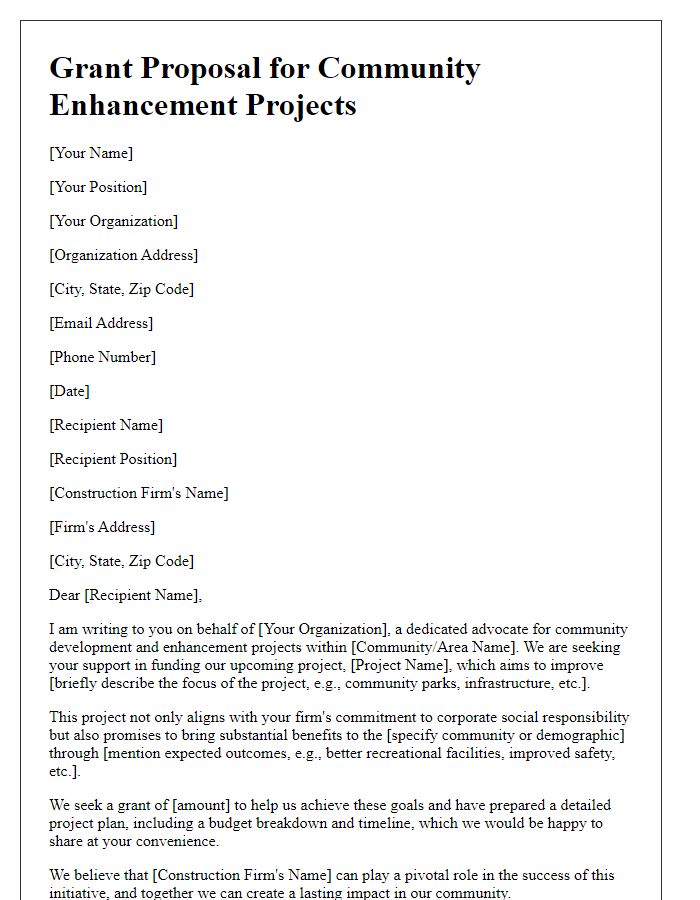 Letter template of grant proposal for construction firms to fund community enhancement projects.