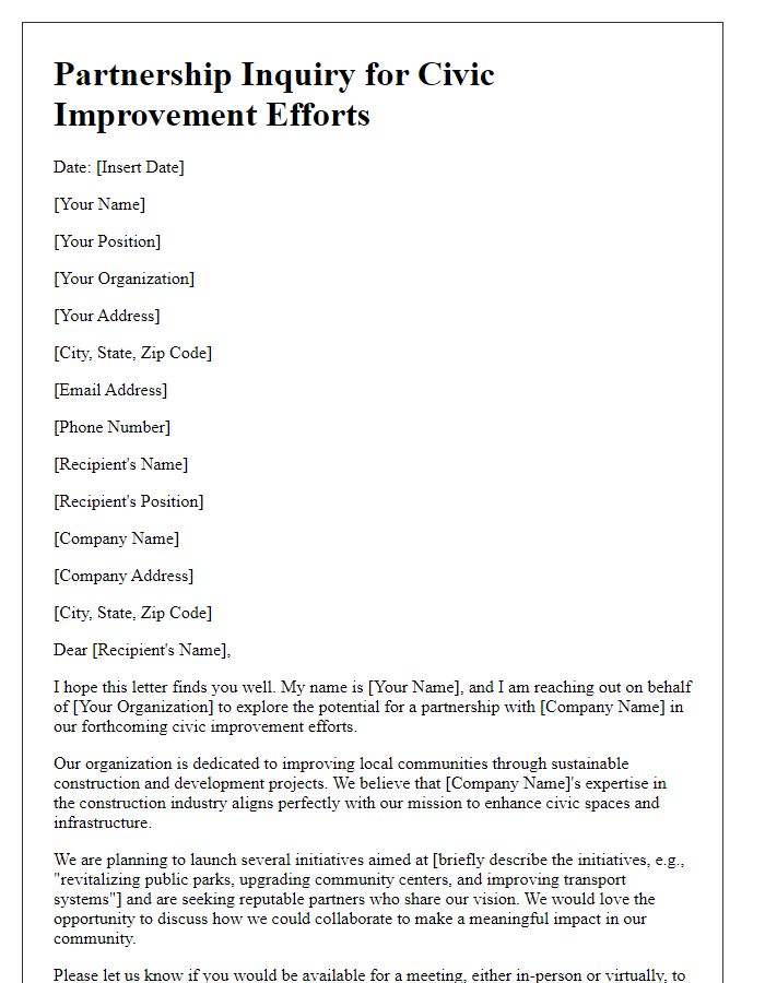 Letter template of partnership inquiry with construction companies for civic improvement efforts.