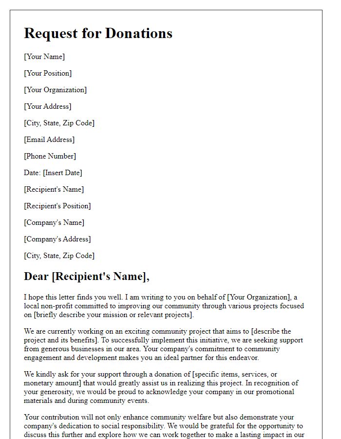 Letter template of request for donations from construction companies for community projects.