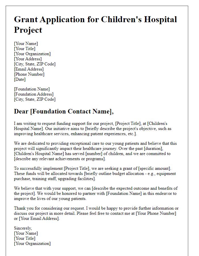 Letter template of foundation grant application for childrens hospital projects.